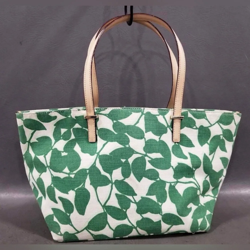 kate spade Cream Tote with Green Leaf Print and Blush Handles